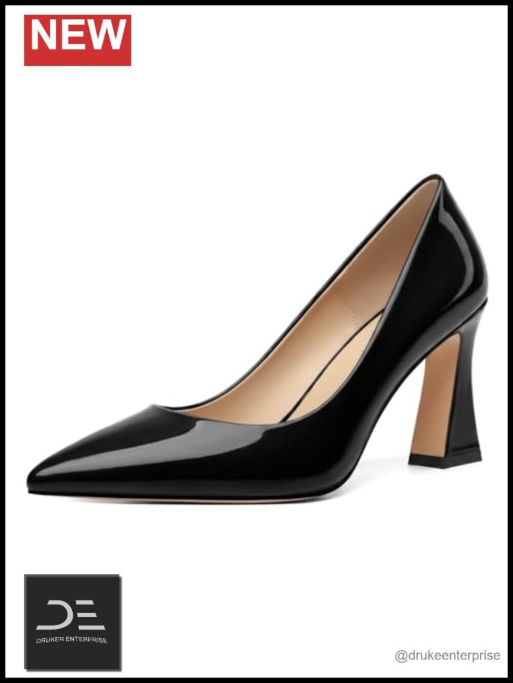 Women's Closed Pointed Toe High Heels, Slip on Chunky Heel Patent Pumps, 3.5
